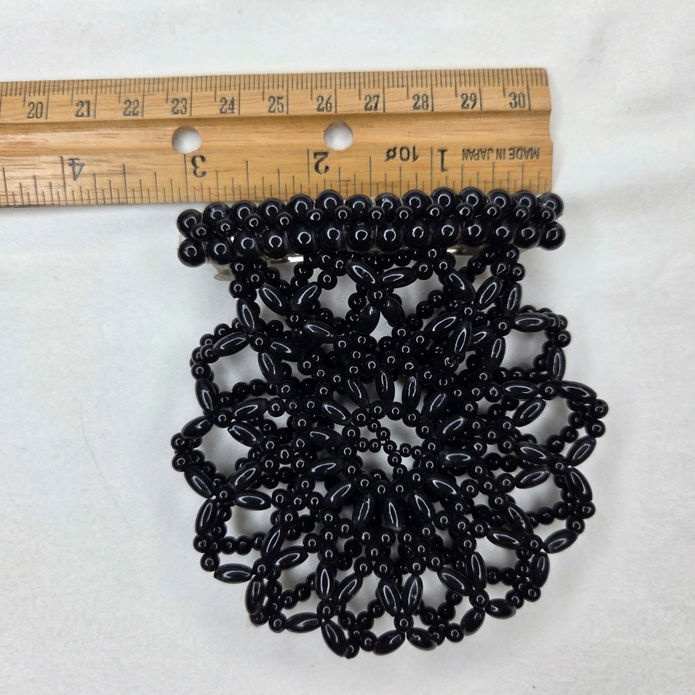 Vtg Black Beaded Hair Barrette Bun Cover Snood Made in Japan Clip Floral